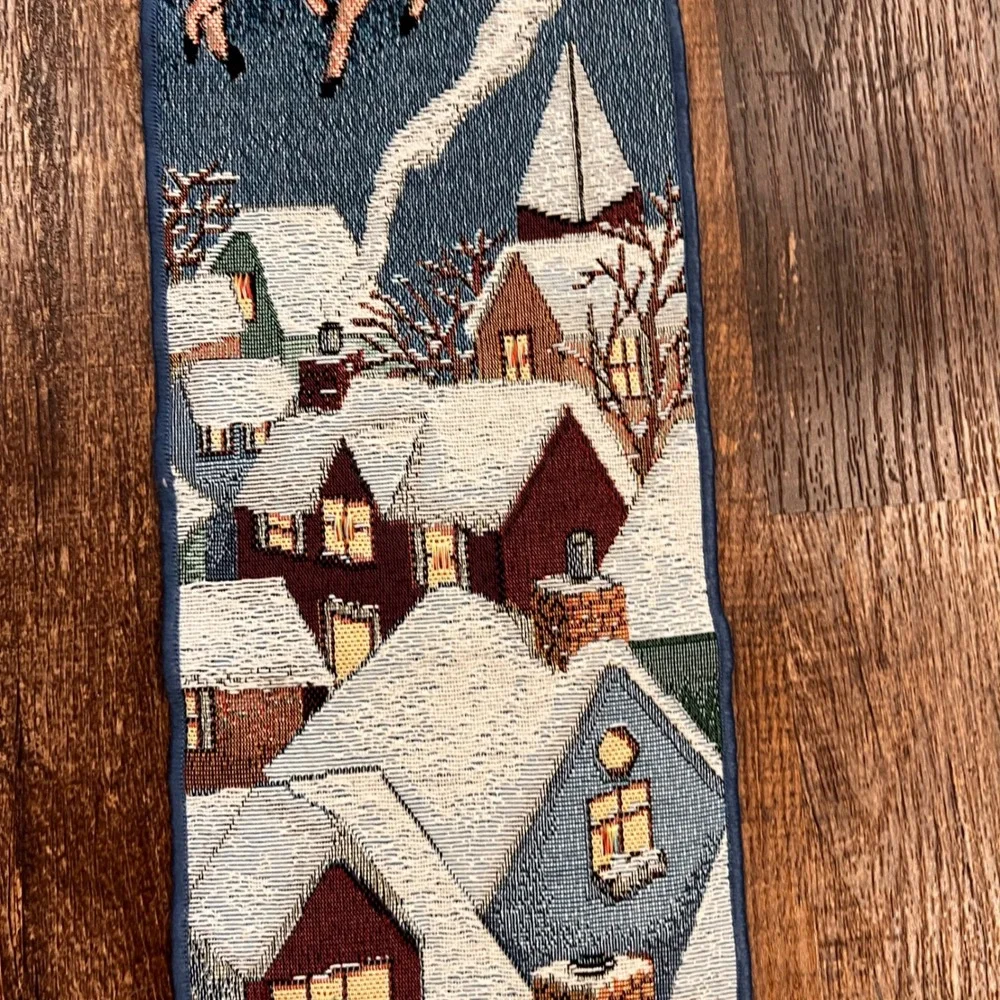 Vintage Christmas Santa Sleigh Woven Tapestry Wall Hanging Bell Pull Tassel Blue